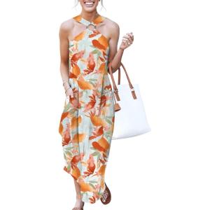 ANRABESS Women Summer Halter Neck Sundress Sleeveless Split Side Casual Beach Travel Vacation Maxi Long Dress with Pockets(Print Orange)