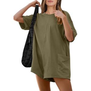 ANRABESS Women Summer Oversized T-Shirt Tee Romper Casual Baggy Short Sleeve Overall Athletic Workout Jumpsuit Trendy Outfits(Army Green)