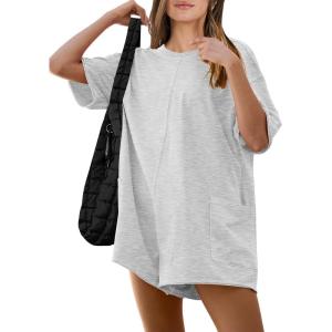 ANRABESS Women Summer Oversized T-Shirt Tee Romper Casual Baggy Short Sleeve Overall Athletic Workout Jumpsuit Trendy Outfits(Light Grey)
