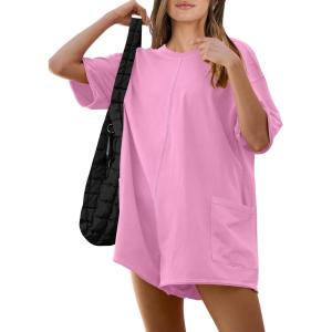 ANRABESS Women Summer Oversized T-Shirt Tee Romper Casual Baggy Short Sleeve Overall Athletic Workout Jumpsuit Trendy Outfits(Light Pink)