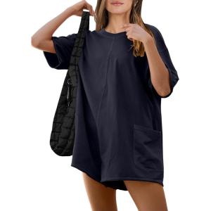 ANRABESS Women Summer Oversized T-Shirt Tee Romper Casual Baggy Short Sleeve Overall Athletic Workout Jumpsuit Trendy Outfits(Navy Blue)