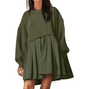 ANRABESS Women Sweatshirts Dress Oversized Long Sleeve Patchwork Casual Loose Pleated Pullover Mini Dress Fall Outfits 2025(Army Green)