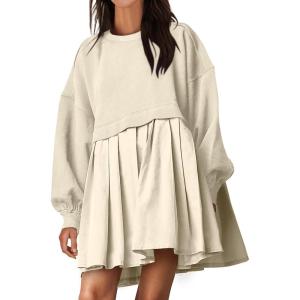 ANRABESS Women Sweatshirts Dress Oversized Long Sleeve Patchwork Casual Loose Pleated Pullover Mini Dress Fall Outfits 2025(Beige)
