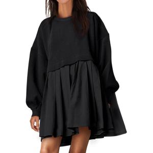 ANRABESS Women Sweatshirts Dress Oversized Long Sleeve Patchwork Casual Loose Pleated Pullover Mini Dress Fall Outfits 2025(Black)