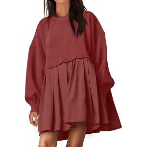 ANRABESS Women Sweatshirts Dress Oversized Long Sleeve Patchwork Casual Loose Pleated Pullover Mini Dress Fall Outfits 2025(Brick Red)
