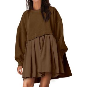 ANRABESS Women Sweatshirts Dress Oversized Long Sleeve Patchwork Casual Loose Pleated Pullover Mini Dress Fall Outfits 2025(Coffee)