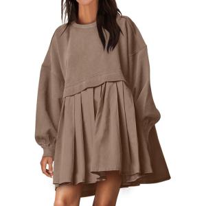 ANRABESS Women Sweatshirts Dress Oversized Long Sleeve Patchwork Casual Loose Pleated Pullover Mini Dress Fall Outfits 2025(Khaki)