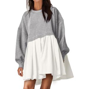 ANRABESS Women Sweatshirts Dress Oversized Long Sleeve Patchwork Casual Loose Pleated Pullover Mini Dress Fall Outfits 2025(Light Grey/White)