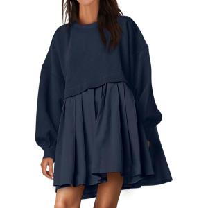 ANRABESS Women Sweatshirts Dress Oversized Long Sleeve Patchwork Casual Loose Pleated Pullover Mini Dress Fall Outfits 2025(Navy Blue)