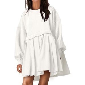 ANRABESS Women Sweatshirts Dress Oversized Long Sleeve Patchwork Casual Loose Pleated Pullover Mini Dress Fall Outfits 2025(White)