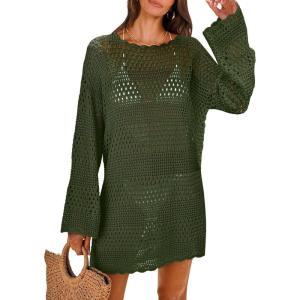 ANRABESS Women Swimsuit Crochet Swim Cover Up 2025 Summer Bathing Suit Swimwear Mesh Knit Beach Dress Vacation Outfits(Army Green)