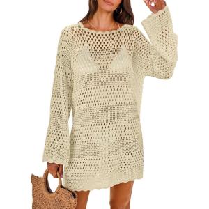ANRABESS Women Swimsuit Crochet Swim Cover Up 2025 Summer Bathing Suit Swimwear Mesh Knit Beach Dress Vacation Outfits(Beige)