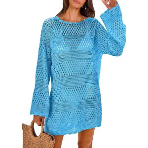 ANRABESS Women Swimsuit Crochet Swim Cover Up 2025 Summer Bathing Suit Swimwear Mesh Knit Beach Dress Vacation Outfits(Blue)