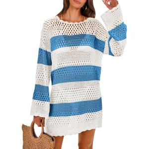 ANRABESS Women Swimsuit Crochet Swim Cover Up 2025 Summer Bathing Suit Swimwear Mesh Knit Beach Dress Vacation Outfits(Blue-white)