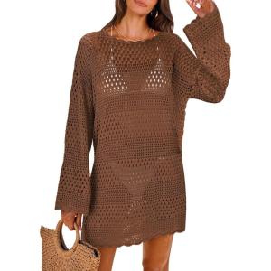 ANRABESS Women Swimsuit Crochet Swim Cover Up 2025 Summer Bathing Suit Swimwear Mesh Knit Beach Dress Vacation Outfits(Brown)