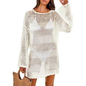 ANRABESS Women Swimsuit Crochet Swim Cover Up 2025 Summer Bathing Suit Swimwear Mesh Knit Beach Dress Vacation Outfits(Cream White)