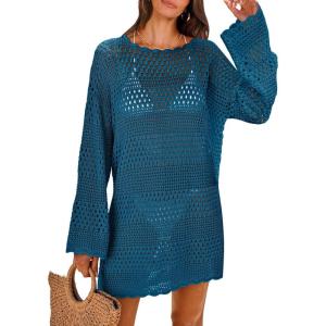 ANRABESS Women Swimsuit Crochet Swim Cover Up 2025 Summer Bathing Suit Swimwear Mesh Knit Beach Dress Vacation Outfits(Cyan)