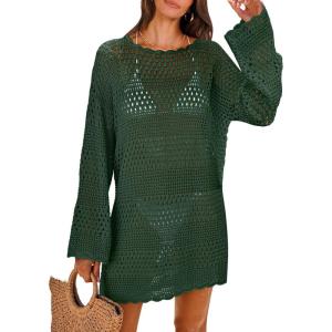 ANRABESS Women Swimsuit Crochet Swim Cover Up 2025 Summer Bathing Suit Swimwear Mesh Knit Beach Dress Vacation Outfits(Deep Green)