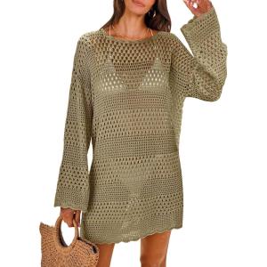 ANRABESS Women Swimsuit Crochet Swim Cover Up 2025 Summer Bathing Suit Swimwear Mesh Knit Beach Dress Vacation Outfits(Khaki)