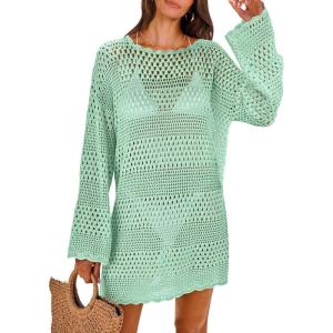 ANRABESS Women Swimsuit Crochet Swim Cover Up 2025 Summer Bathing Suit Swimwear Mesh Knit Beach Dress Vacation Outfits(Light Green)