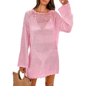 ANRABESS Women Swimsuit Crochet Swim Cover Up 2025 Summer Bathing Suit Swimwear Mesh Knit Beach Dress Vacation Outfits(Light Pink)