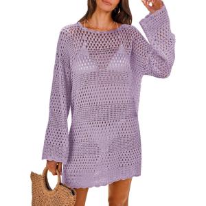 ANRABESS Women Swimsuit Crochet Swim Cover Up 2025 Summer Bathing Suit Swimwear Mesh Knit Beach Dress Vacation Outfits(Light Purple)