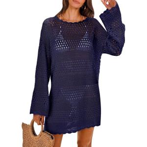 ANRABESS Women Swimsuit Crochet Swim Cover Up 2025 Summer Bathing Suit Swimwear Mesh Knit Beach Dress Vacation Outfits(Navy Blue)