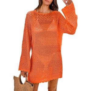 ANRABESS Women Swimsuit Crochet Swim Cover Up 2025 Summer Bathing Suit Swimwear Mesh Knit Beach Dress Vacation Outfits(Orange)
