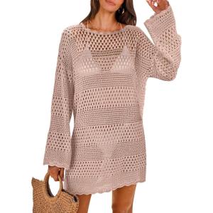 ANRABESS Women Swimsuit Crochet Swim Cover Up 2025 Summer Bathing Suit Swimwear Mesh Knit Beach Dress Vacation Outfits(Pink)