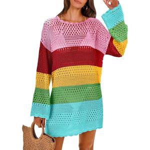ANRABESS Women Swimsuit Crochet Swim Cover Up 2025 Summer Bathing Suit Swimwear Mesh Knit Beach Dress Vacation Outfits(Rainbow Stripe)
