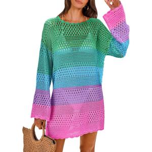 ANRABESS Women Swimsuit Crochet Swim Cover Up 2025 Summer Bathing Suit Swimwear Mesh Knit Beach Dress Vacation Outfits(Rainbow Stripe Colorful)