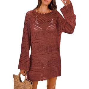ANRABESS Women Swimsuit Crochet Swim Cover Up 2025 Summer Bathing Suit Swimwear Mesh Knit Beach Dress Vacation Outfits(Red)