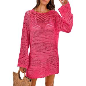 ANRABESS Women Swimsuit Crochet Swim Cover Up 2025 Summer Bathing Suit Swimwear Mesh Knit Beach Dress Vacation Outfits(Rose)