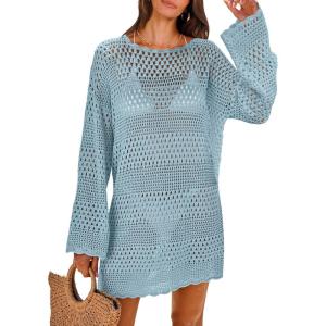 ANRABESS Women Swimsuit Crochet Swim Cover Up 2025 Summer Bathing Suit Swimwear Mesh Knit Beach Dress Vacation Outfits(Sky Blue)
