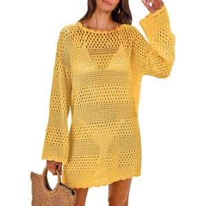 ANRABESS Women Swimsuit Crochet Swim Cover Up 2025 Summer Bathing Suit Swimwear Mesh Knit Beach Dress Vacation Outfits(Yellow)