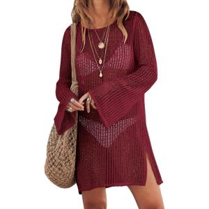 ANRABESS Women Swimsuit Swim Coverup 2025 Long Sleeve Mini Crochet Pool Bathing Suit Swimwear Mesh Knit Beach Vacation Dress(Burgundy)