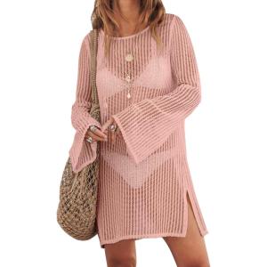 ANRABESS Women Swimsuit Swim Coverup 2025 Long Sleeve Mini Crochet Pool Bathing Suit Swimwear Mesh Knit Beach Vacation Dress(Nude Pink)