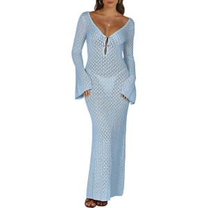 ANRABESS Women Swimsuit Swim Crochet Cover Up Knit Bathing Suit Swimwear 2025 Summer Bodycon Beach Dress Vacation Clothes(Light Blue)