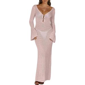 ANRABESS Women Swimsuit Swim Crochet Cover Up Knit Bathing Suit Swimwear 2025 Summer Bodycon Beach Dress Vacation Clothes(Light Pink)