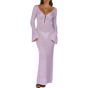 ANRABESS Women Swimsuit Swim Crochet Cover Up Knit Bathing Suit Swimwear 2025 Summer Bodycon Beach Dress Vacation Clothes(Light Purple)