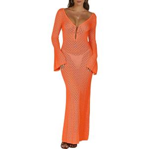 ANRABESS Women Swimsuit Swim Crochet Cover Up Knit Bathing Suit Swimwear 2025 Summer Bodycon Beach Dress Vacation Clothes(Orange)