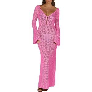 ANRABESS Women Swimsuit Swim Crochet Cover Up Knit Bathing Suit Swimwear 2025 Summer Bodycon Beach Dress Vacation Clothes(Rose)