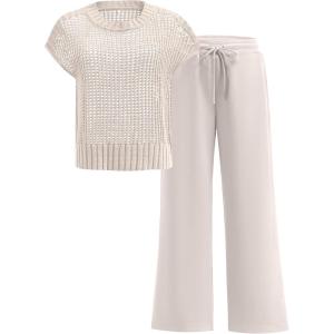 ANRABESS Women Two Piece Outfits Crochet Sheer Knit Sweater Top Wide Leg Pants Lounge Matching Sets Sweatsuit Travel Clothes(Aprioct)