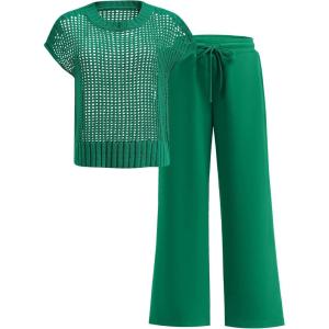 ANRABESS Women Two Piece Outfits Crochet Sheer Knit Sweater Top Wide Leg Pants Lounge Matching Sets Sweatsuit Travel Clothes(Green)