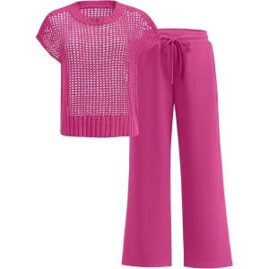 ANRABESS Women Two Piece Outfits Crochet Sheer Knit Sweater Top Wide Leg Pants Lounge Matching Sets Sweatsuit Travel Clothes(Hot Pink)