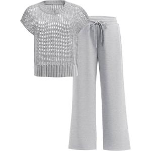 ANRABESS Women Two Piece Outfits Crochet Sheer Knit Sweater Top Wide Leg Pants Lounge Matching Sets Sweatsuit Travel Clothes(Light Grey)