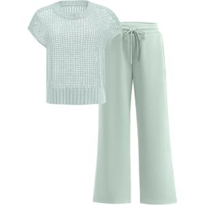 ANRABESS Women Two Piece Outfits Crochet Sheer Knit Sweater Top Wide Leg Pants Lounge Matching Sets Sweatsuit Travel Clothes(Mint Green)