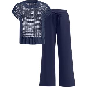 ANRABESS Women Two Piece Outfits Crochet Sheer Knit Sweater Top Wide Leg Pants Lounge Matching Sets Sweatsuit Travel Clothes(Navy Blue)