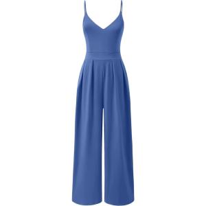 ANRABESS Women V Neck Spaghetti Strap Wide Leg Dressy Jumpsuits 2025 Summer Casual One Piece Jumper Romper Outfits & Pockets(Blue)