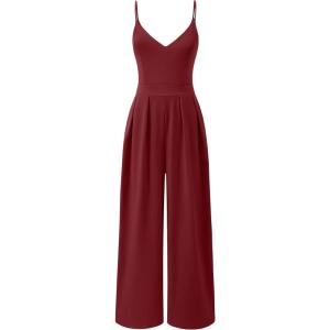 ANRABESS Women V Neck Spaghetti Strap Wide Leg Dressy Jumpsuits 2025 Summer Casual One Piece Jumper Romper Outfits & Pockets(Burgundy)